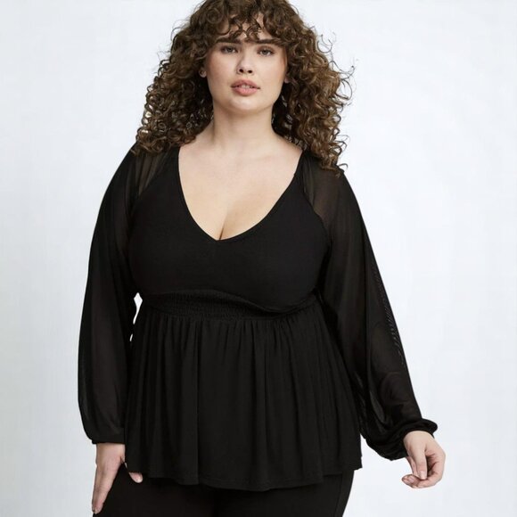 Torrid Black Mesh V-Neck Smocked Babydoll Top | Size 1X (14/16) - Picture 3 of 15